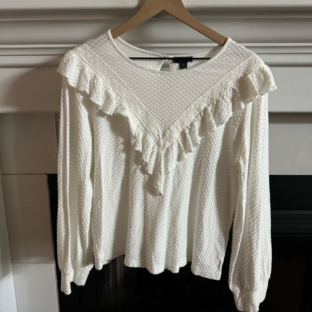 J. Crew White Textured Ruffle Long-Sleeve Blouse